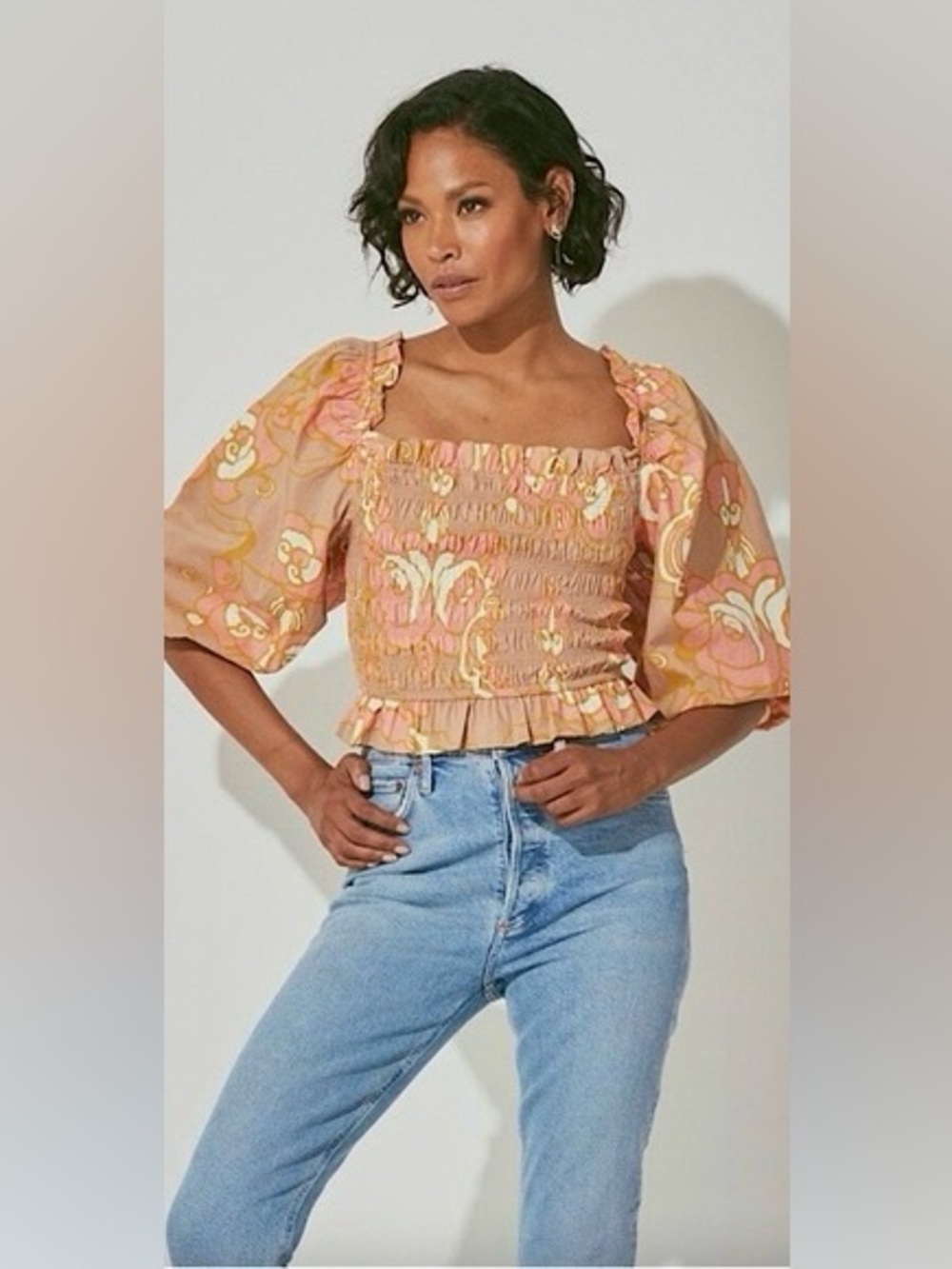 CLEOBELLA Morgan Smocked Ruffled Floral Crop Top Puff Sleeves Cotton Small